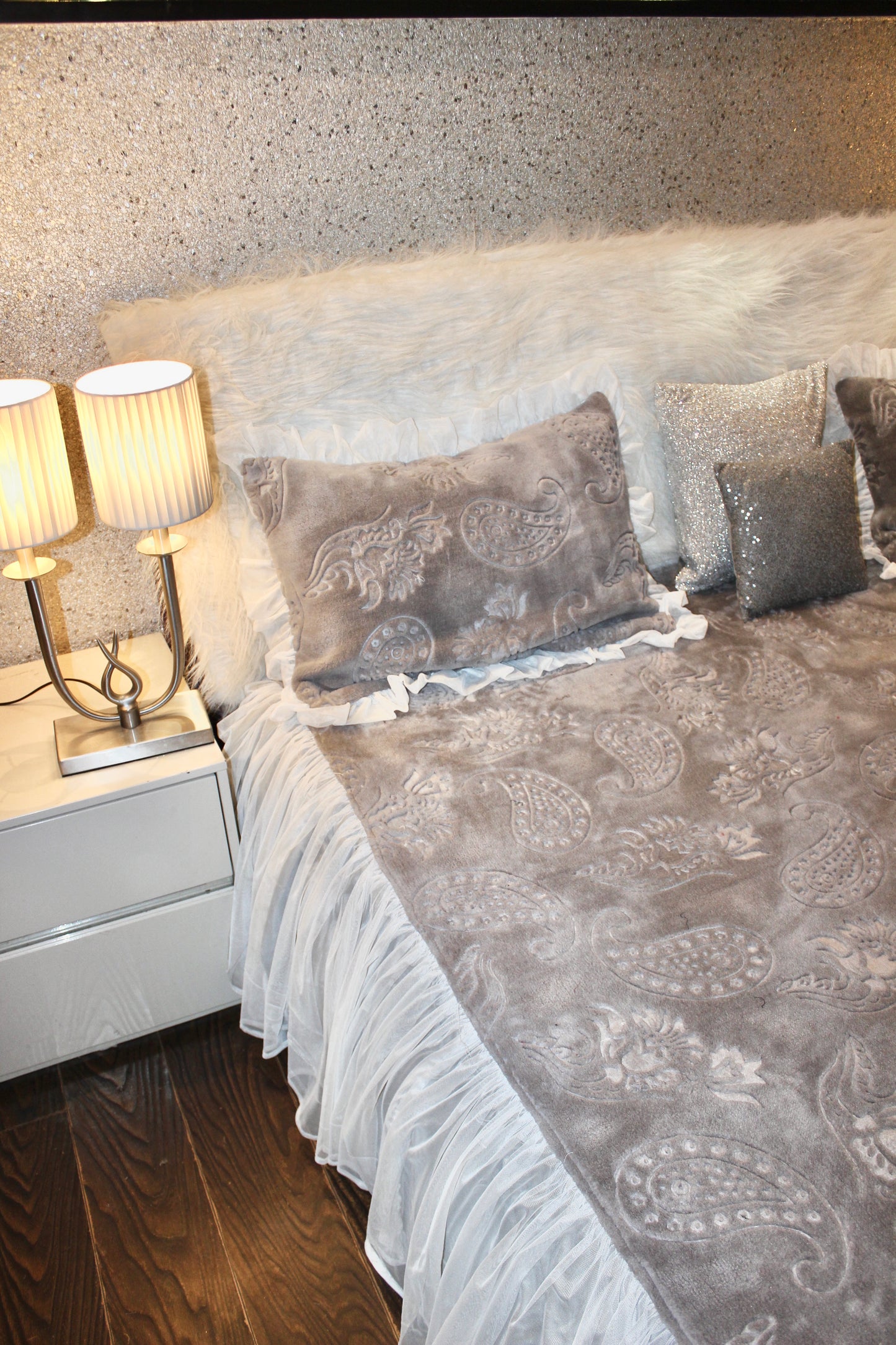 Grey embossed velvet frill Bedsheet