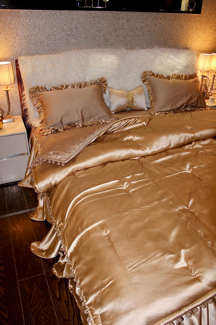 Champagne gold Pompom comforter